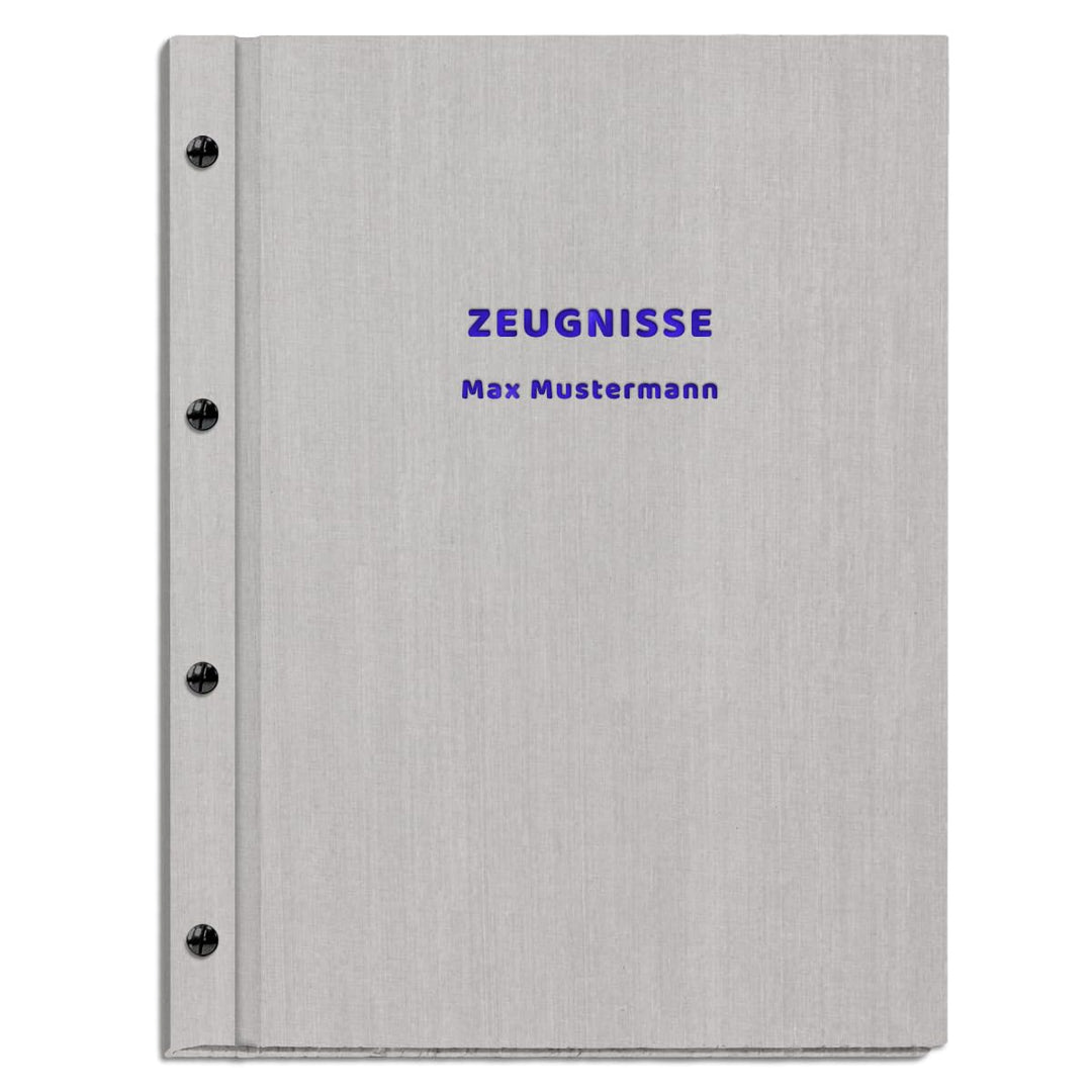 Zeugnismappe im grauen Einband in Leinenoptik inkl. personalisierter Prägung in gold oder silber – m