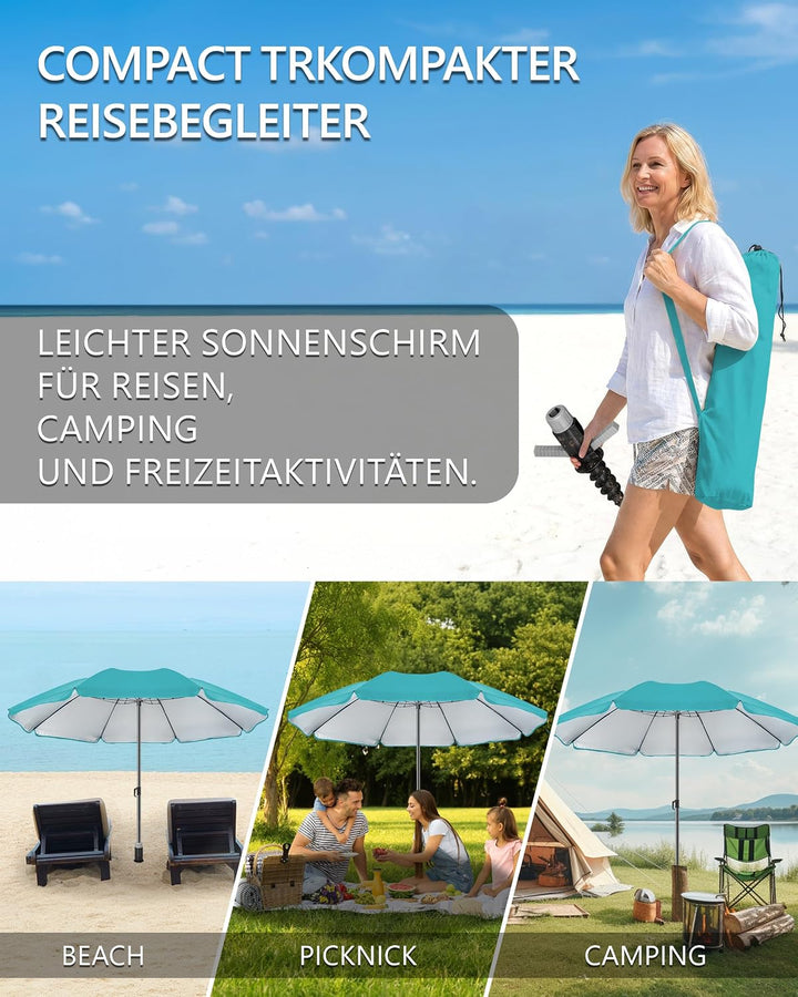 4smile Sonnenschirm Strand Ø 180 cm, 3-in-1 SET mit Bodenhülse, Türkis | UPF 50+ Strandschirm + Sonn