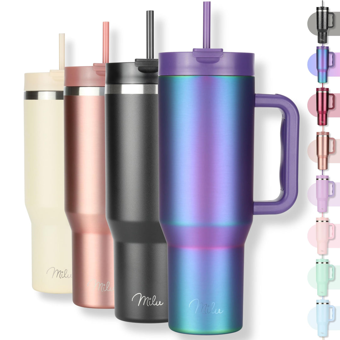 Milu Thermobecher 1200ml mit Strohhalm und Henkel – 48h Eis/24h kalt/12h heiss Edelstahl Tumbler 40o