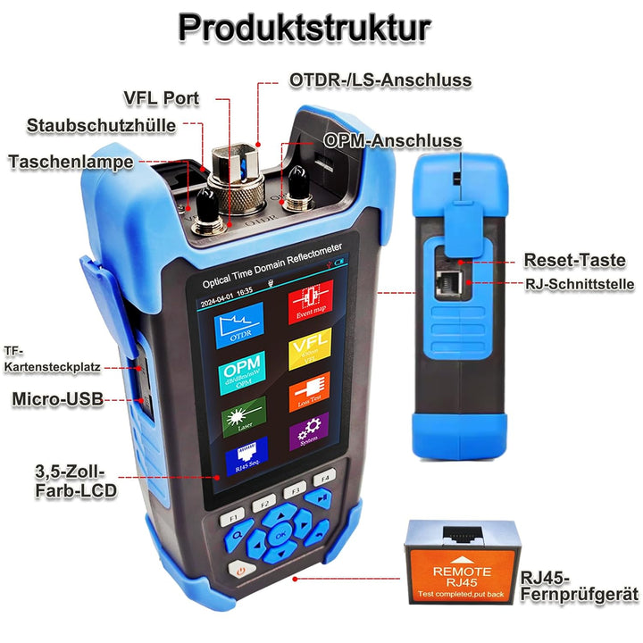 OTDR-Glasfaser-kabel-tester, 9-in-1-MultiFunktion OTDR für FTTx 1310/1550nm, 24/22dB, Bis 60KM, Opti