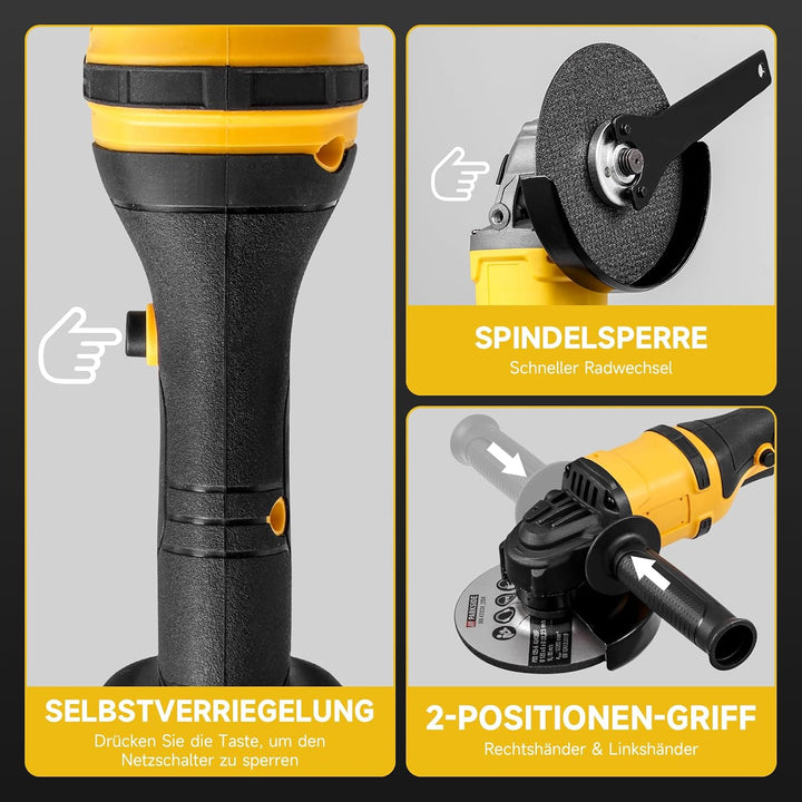 21V Akku-Winkelschleifer mit bürstenlosem Motor, inklusive Akku und Ladegerät, 125-mm-Trennscheiben