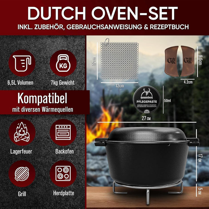 Dutch Oven–2in1 Eingebrannter Gusseisen Topf 4,8 L & Gusspfanne 1,8 L–Dutch Oven Set mit Schmortopf