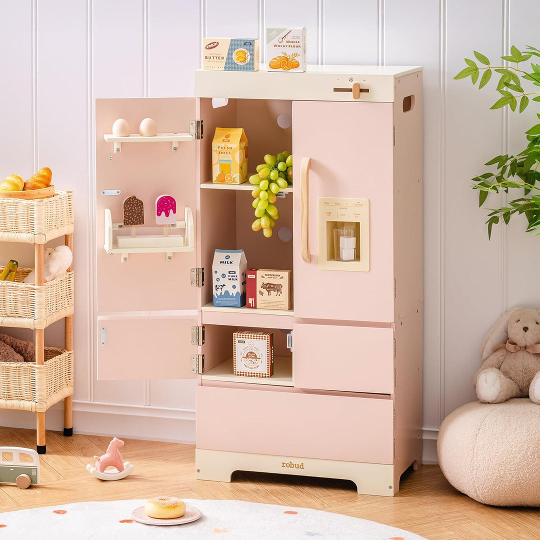 ROBUD Kühlschrank aus Holz - Realistisch und interaktiv mit Eiswürfelbereiter und Lebensmittel-Spiel