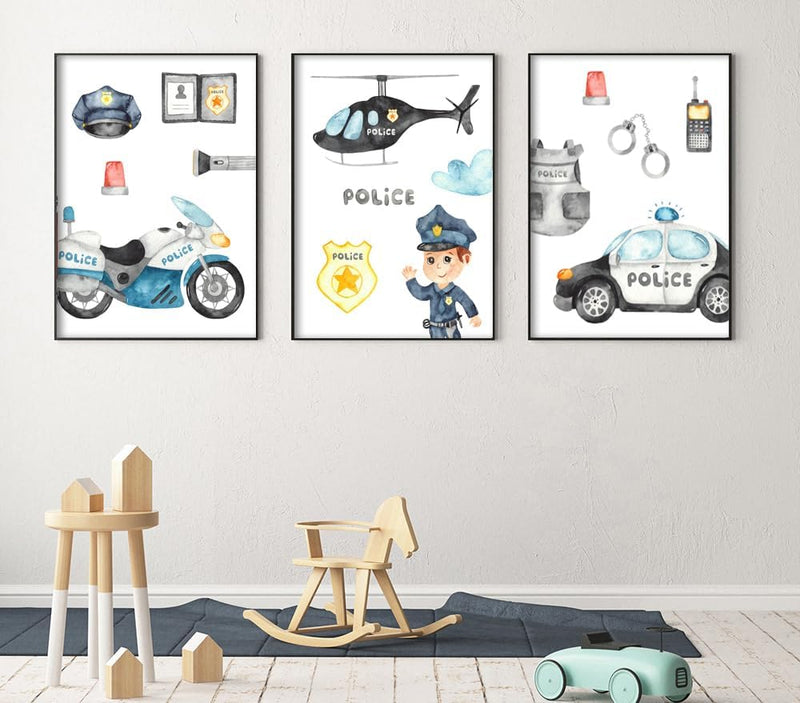 ag.art deco Kinder Poster Set Polizei | 3 Stück 40x50cm MIT RAHMEN HOLZ | Hubschrauber Polizeiauto P