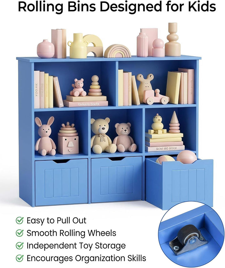 Kinder Bücherregal Blau – 3 Schubladen mit Rollen, 5 Fächer, Standregal mit Aufbewahrung, Kleidersch