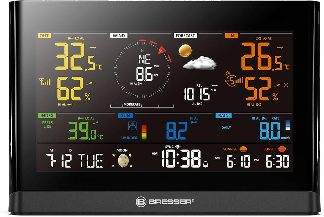 Bresser WLAN Wetterstation Profi-WSC mit 7-in-1-Sensor, Farbdisplay schwarz, Alarmfunktion, für Wett