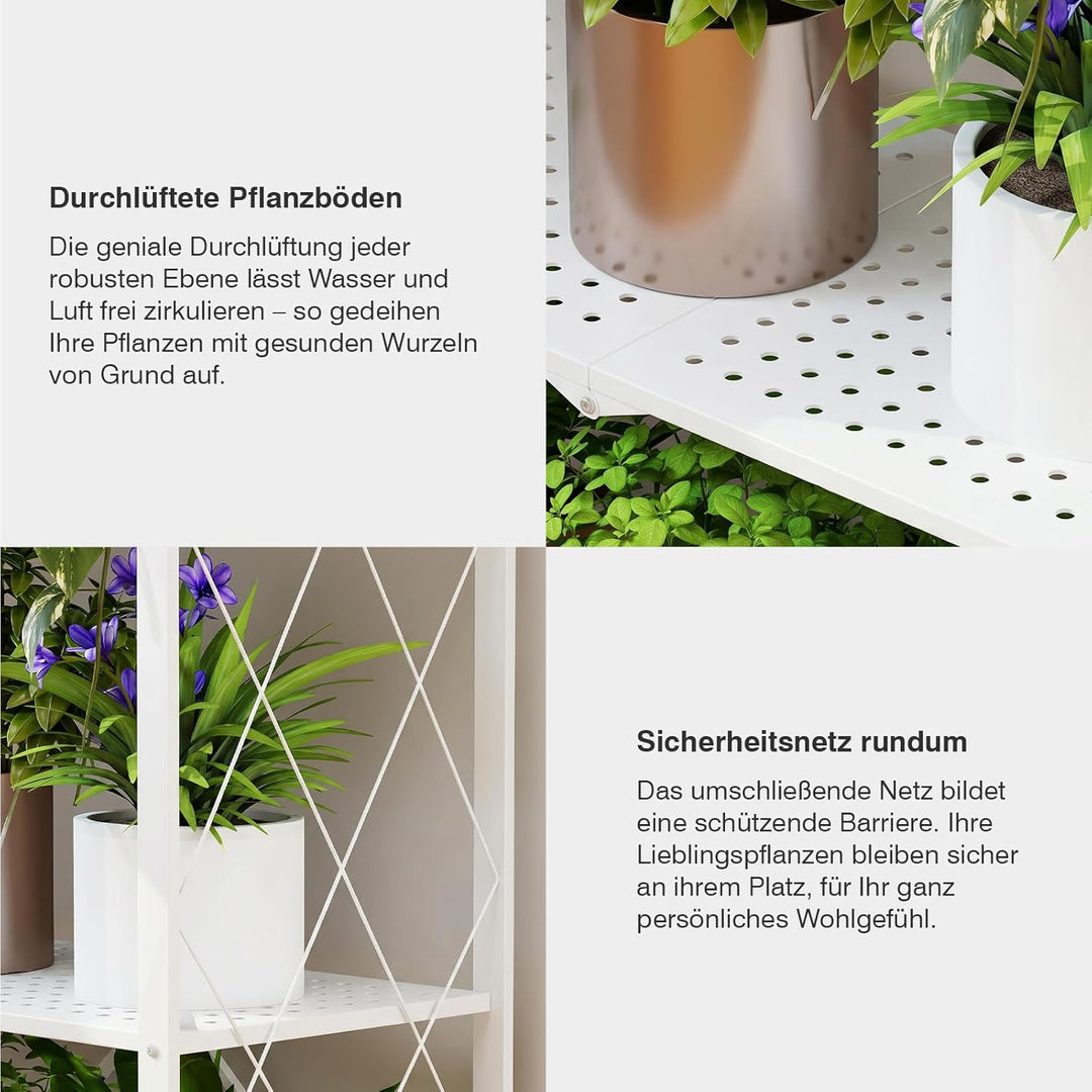 ALANNG Blumenständer mit Rädern, 4 Ablagen Stabiler Pflanzenständer, Metall Pflanzenregal Indoor Ein