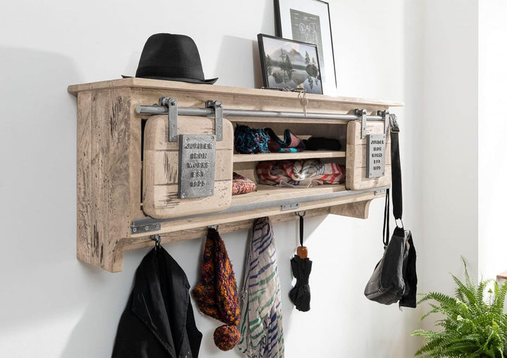 MASSIVMOEBEL24.DE Railway Wandgarderobe 115x30x45 Mango, Farbe:beige lackiert, Grösse:115x30x45 cm (