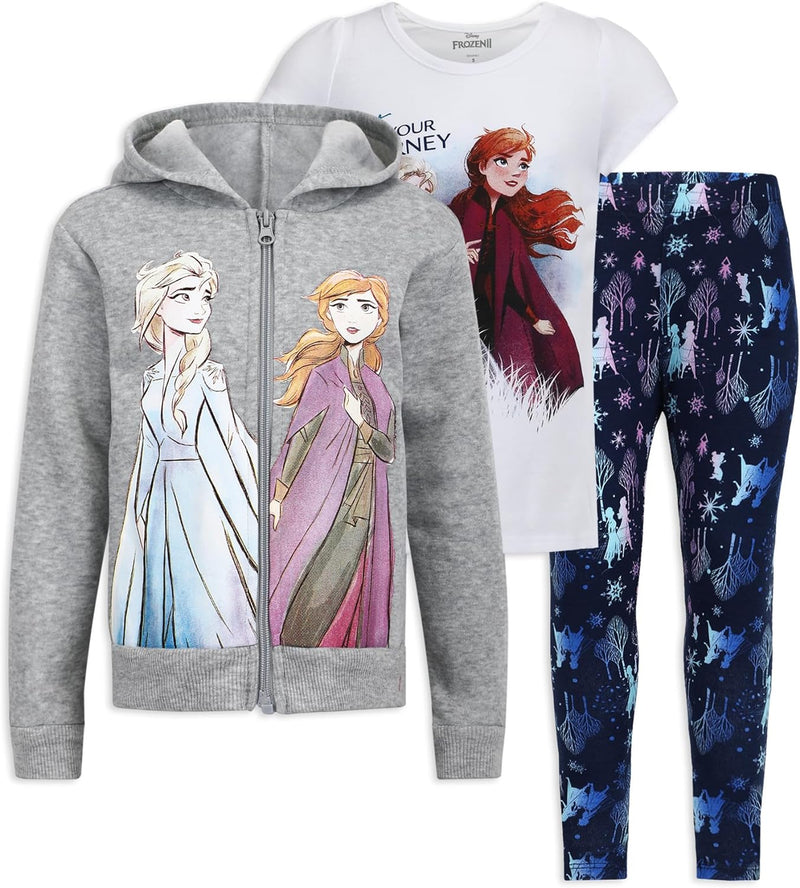 Disney 3-Piece Frozen II Leggings Set for Girls with Elsa Shirt and Zip-Up Hoodie