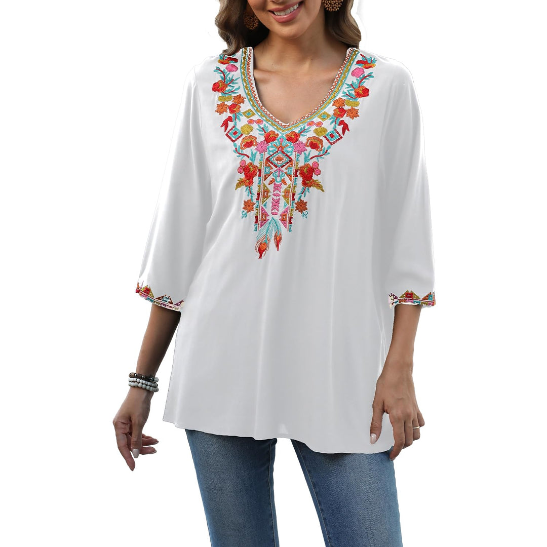 Seasonal Boho Tunika Damen Sommer Mexikanische Blumen Bestickt V-Ausschnitt Top 3/4 Ärmel Hippie Los