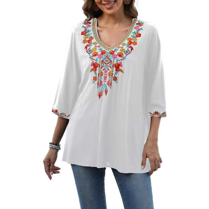 Seasonal Boho Tunika Damen Sommer Mexikanische Blumen Bestickt V-Ausschnitt Top 3/4 Ärmel Hippie Los
