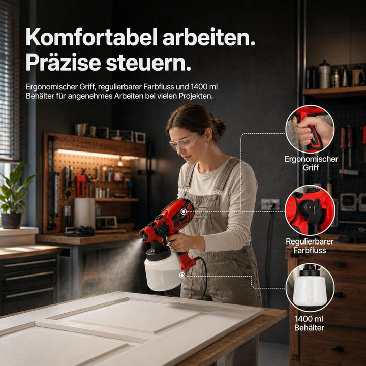 Farbsprühsystem, 750W, 1400 ml Behälter, 9 Düsengrössen 0,8-3,0 mm, mit Rutschfestem Griff und Visko