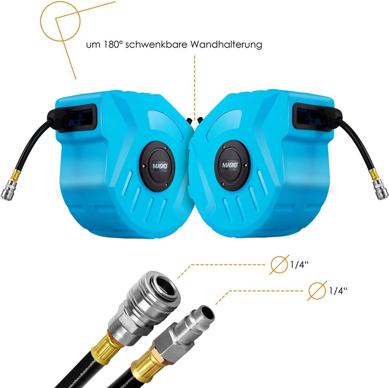 MASKO® 20m Druckluftschlauch Aufroller automatisch 1/4" Anschluss - Schlauchtrommel Wandschlauchhalt