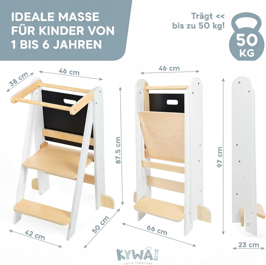 Lernturm ab 1 Jahr Klappbar, Lernturm Klappbar mit 2 Höhen, Abnehmbarer Tafel, nordisches Design, Ki