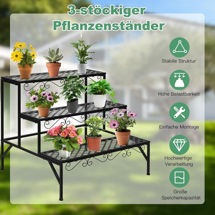 GOPLUS 3 Ebenen Metall Pflanzenständer, Blumentreppe Outdoor, Blumenregal Pflanzentreppe für Garten