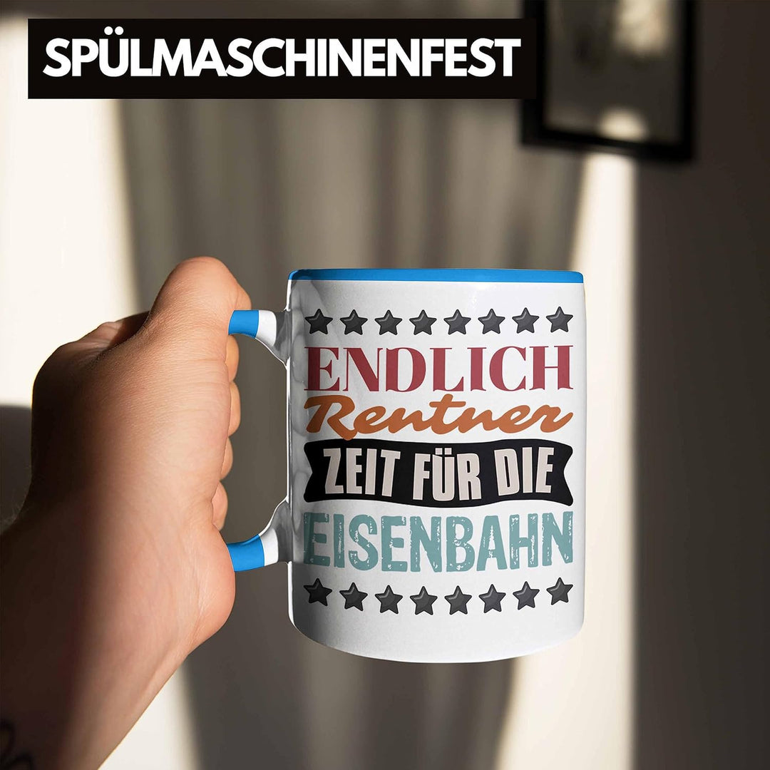 Trendation - Eisenbahner Tasse Geschenk für Modelleisenbahn-Fans Geschenkidee Endlich Rente Zeit für