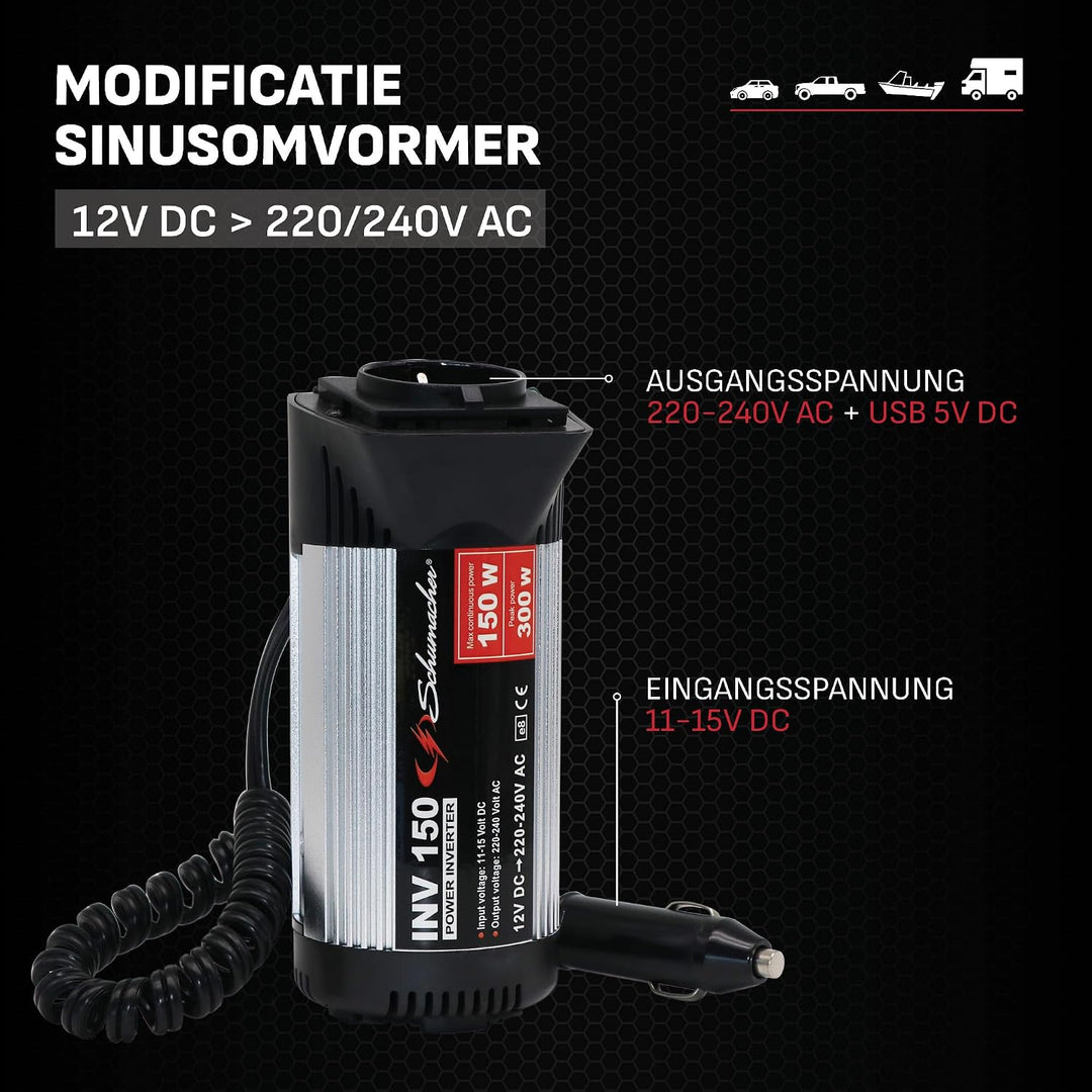 Schumacher INV 150 Spannungswandler Modifizierter Sinus-Wechselrichter 12V DC > 220V/240V AC - Dauer
