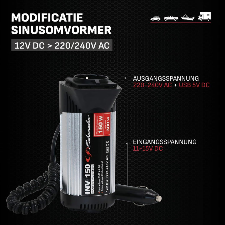 Schumacher INV 150 Spannungswandler Modifizierter Sinus-Wechselrichter 12V DC > 220V/240V AC - Dauer
