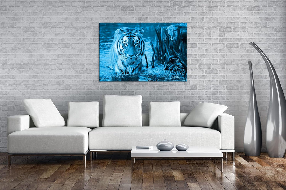 deyoli anmutiger Tiger im Wasser Format 80x60 Effekt: Monocrome Blau als Leinwandbild, Motiv fertig