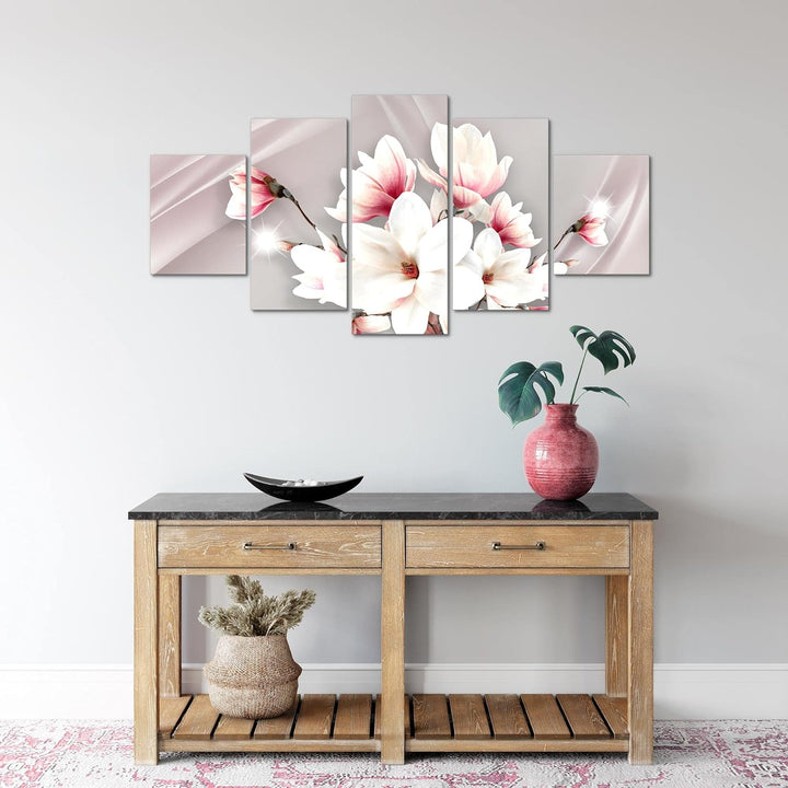 Runa Art Wandbilder Blumen Magnolien 5 Teilig Bild auf Vlies Leinwand Deko Wohnzimmer Abstrakt Rosa