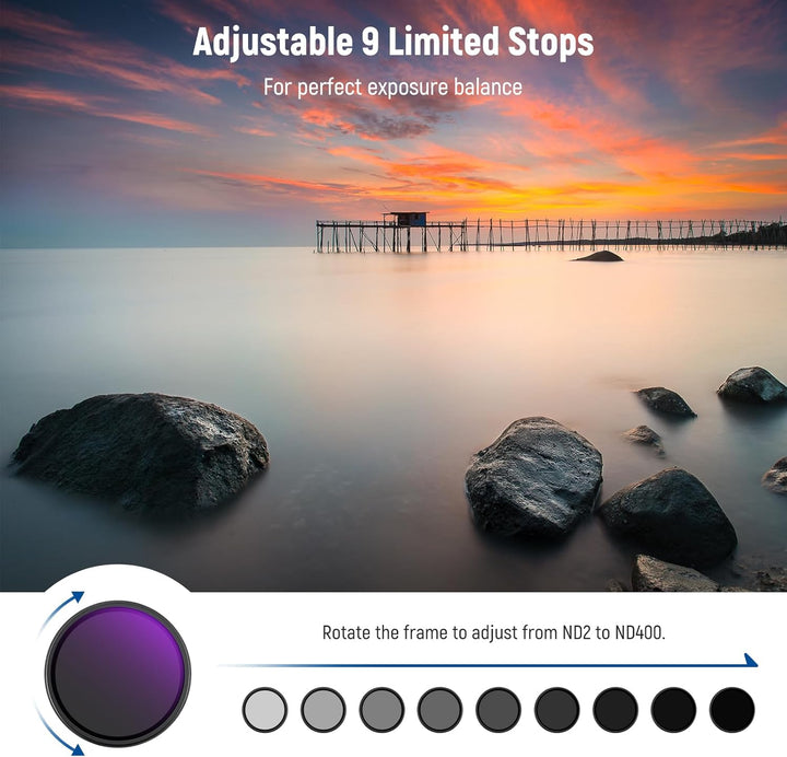 NEEWER 58mm Variabler ND Filter ND2-ND400, Hard Stop Limited Einstellbarer Graufilter mit mehrfach b
