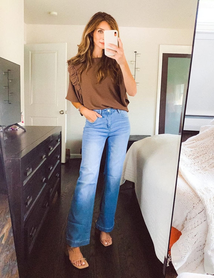 Roskiky Schlaghose Damen High Waist Wide Leg Baggy Jeans Stretch Hosen S Mittelblau, S Mittelblau