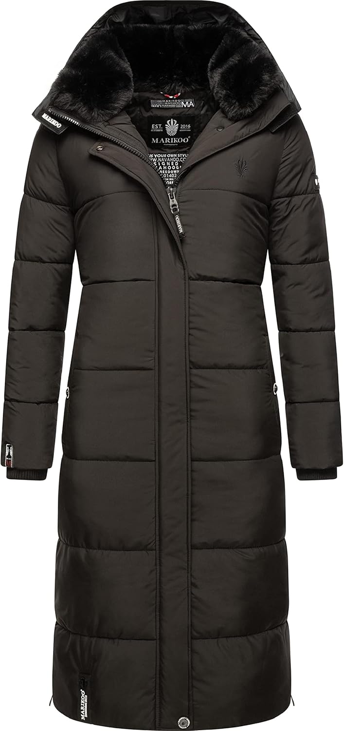 MARIKOO Damen Wintermantel Warmer Steppmantel lang mit Abnehmbarer Kapuze Reliziaa XS-3XL XL Schwarz