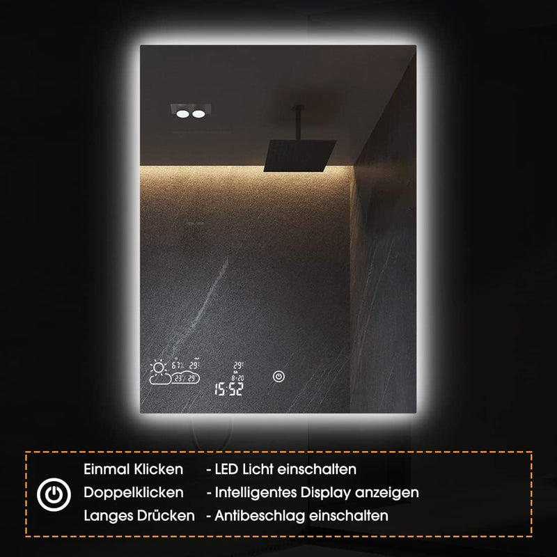 byecold Badspiegel mit LED Beleuchtung 60x80CM, Badezimmerspiegel Beschlagfrei mit Touchschalter, Ba