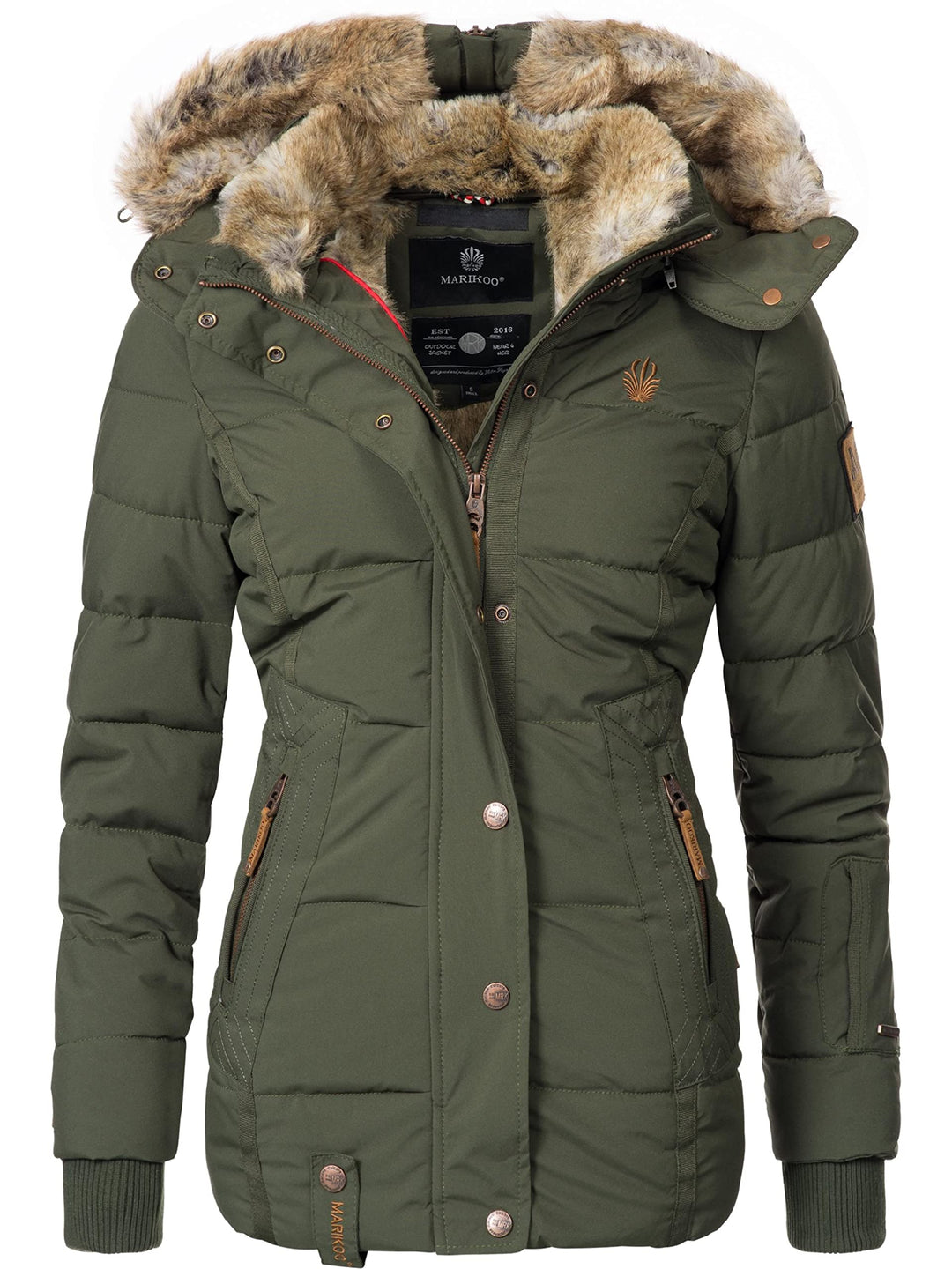 MARIKOO Damen Winterjacke warme Steppjacke mit Kunstfell Innenfutter Nekoo XS-3XL XXL Grün, XXL Gr&#