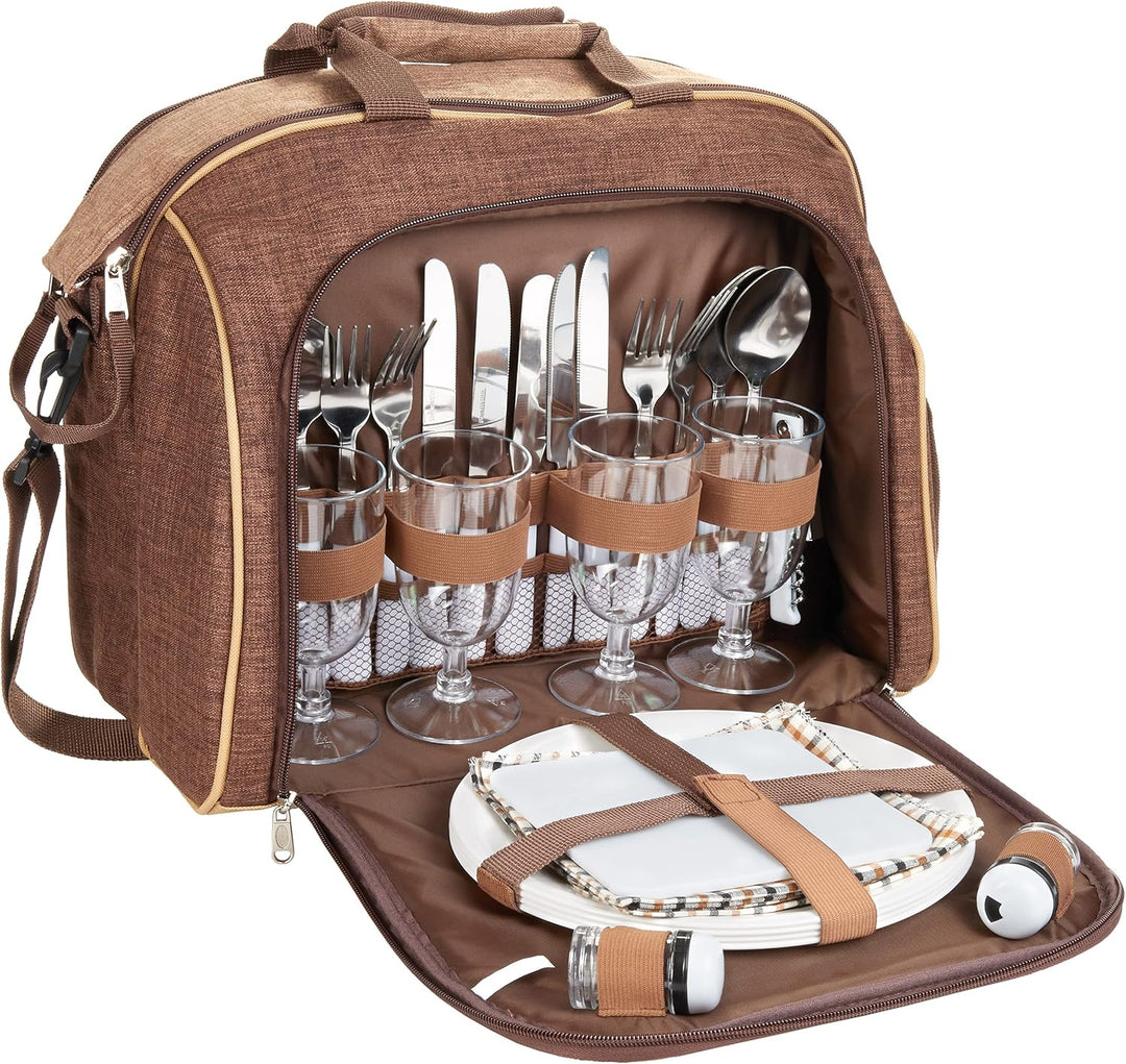 BRUBAKER Picknicktasche für 4 Personen mit Kühlfach - tragbar als Duffelbag oder Schultertasche - Br