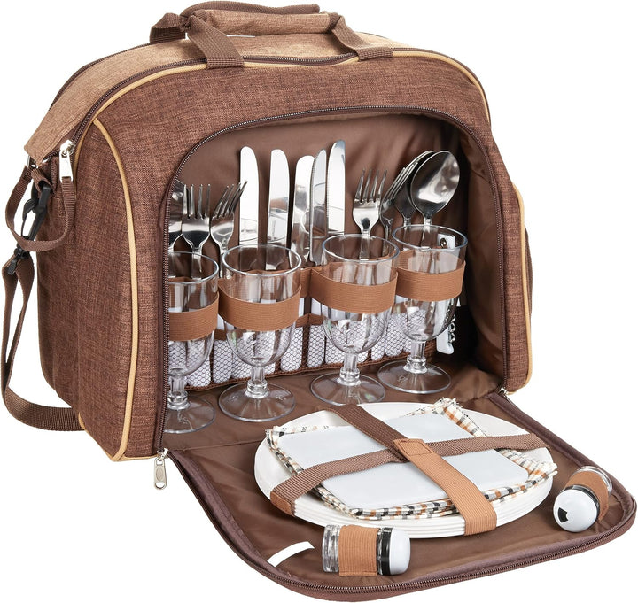 BRUBAKER Picknicktasche für 4 Personen mit Kühlfach - tragbar als Duffelbag oder Schultertasche - Br