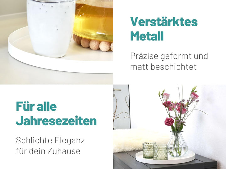 D&D Living® Deko Tablett Rund Ø 30 cm | Design Dekoteller und Dekotablett aus Metall (Weiss matt)