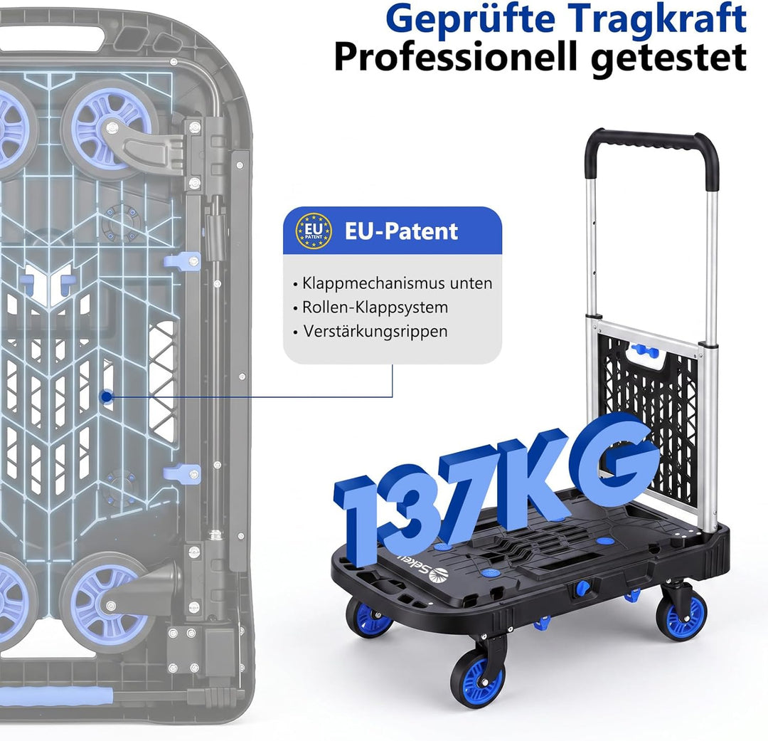 Sekey Plattformwagen klappbar bis 137kg Geprüfte Tragkraft – 2-in-1 Transporthilfe & Rollwagen mit a