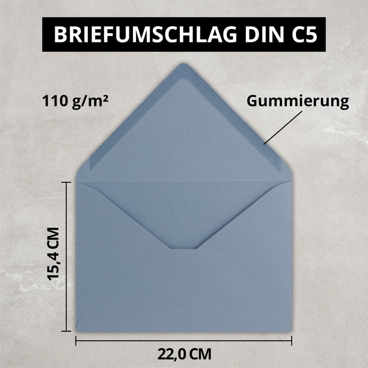 Briefumschläge in Graublau - 200 Stück - DIN C5 Kuverts 22,0 x 15,4 cm - Nassklebung ohne Fenster -