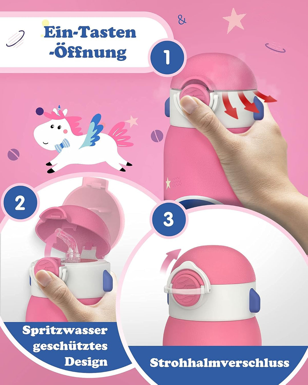 Fjbottle 600ml Trinkflasche Kinder Edelstahlflasche mit Strohhalm + 2 Deckeln, BPA-frei Auslaufsiche
