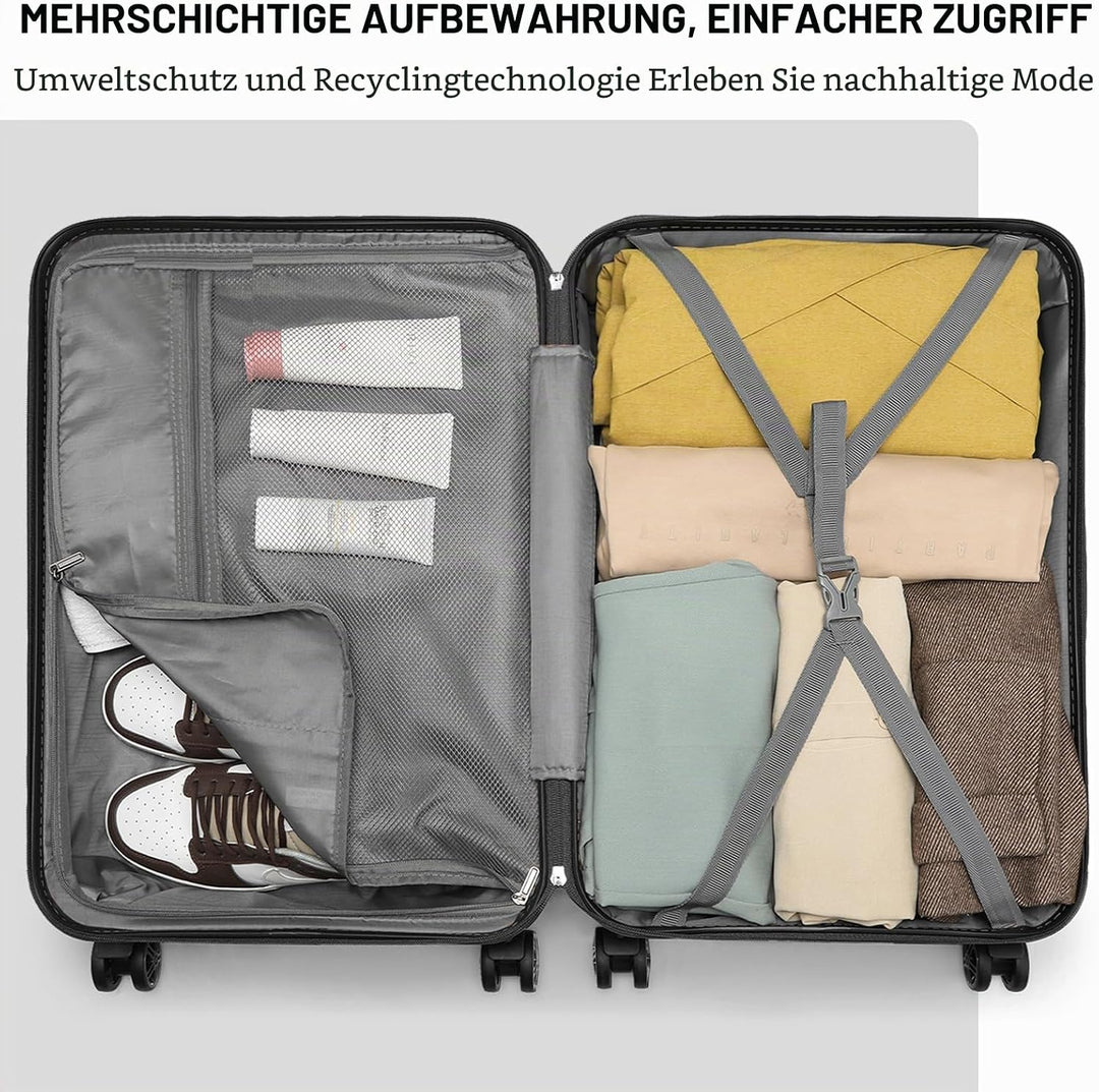 KONO Handgepäck Zwillingsrollen-ABS-Hartschalenkoffer 54x34x22cm, 4 Rollen, Schwarz Schwarz Handgepä