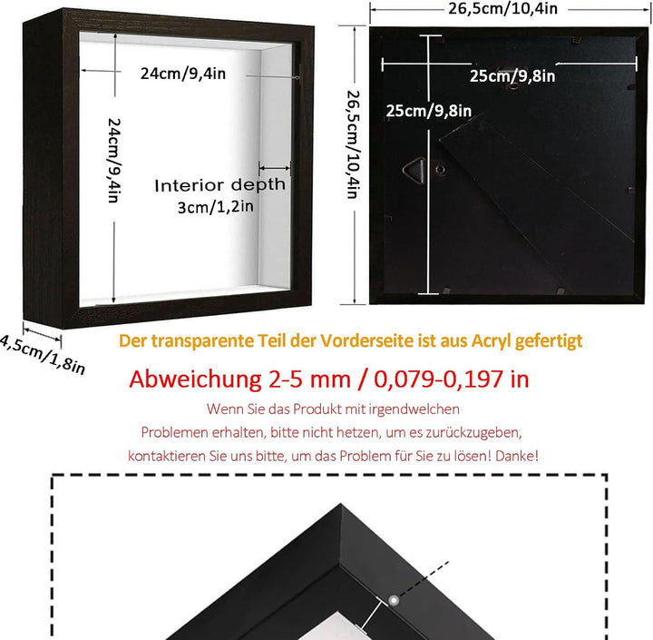 Bilderrahmen zum Befüllen, Tiefer Bilderrahmen zum Befüllen 25 x 25 cm, Tiefer Rahmen für Wand & Des