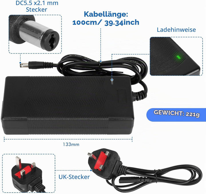 Ladegeräte für Scooter，42V 2A E Scooter Ladegeräte，Hoverboard Ladekabel，36V Elektroroller Universal