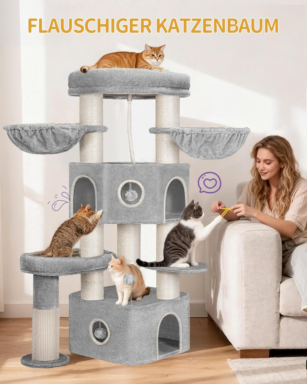 Hzuaneri Kratzbaum, 163 cm Katzenbaum, 11 cm d Dicke Sisalstämme, für Grosse Katze, 2 Höhlen, Geräum