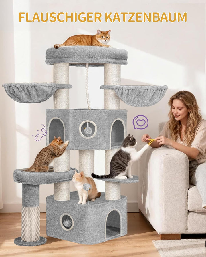Hzuaneri Kratzbaum, 163 cm Katzenbaum, 11 cm d Dicke Sisalstämme, für Grosse Katze, 2 Höhlen, Geräum
