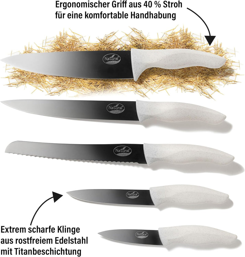 Natural Line® Edelstahl-Messer-Set, 5-tlg, mit klappbarem Magnet-Messerblock, mit Griffen mit Stroh