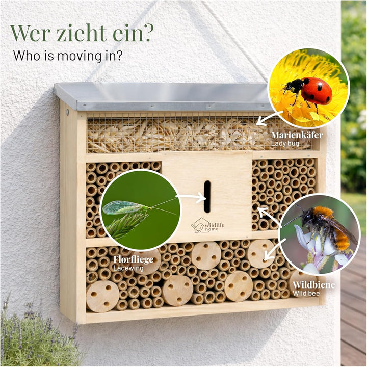 WILDLIFE HOME Bienenhotel Insektenhotel mit Metalldach - 2er Set I Unbehandelt, Bienenhaus aus Massi