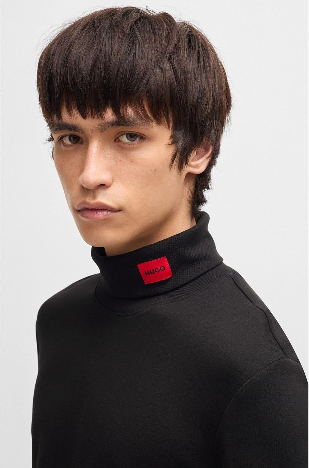 HUGO Herren Derollo224 Slim-Fit Longsleeve mit rotem Logo-Label S Black1, S Black1