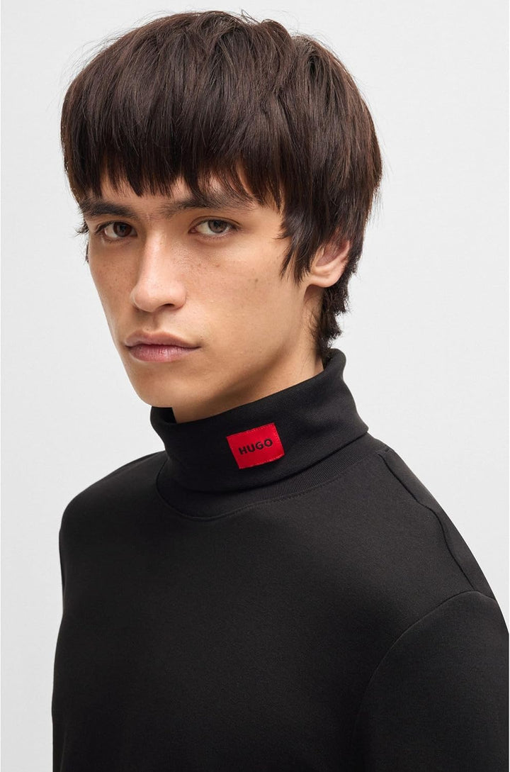 HUGO Herren Derollo224 Slim-Fit Longsleeve mit rotem Logo-Label S Black1, S Black1