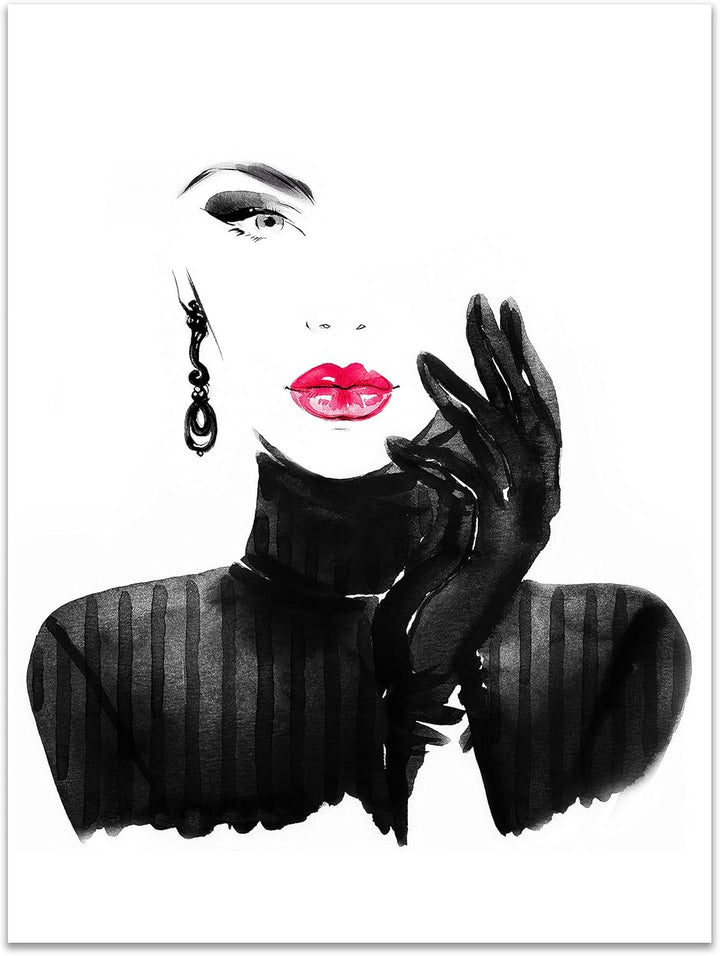 wandmotiv24 Poster als Wanddeko, Grösse 80x60cm, Model Gemälde, Rot, Fashion, Frau, Frauen Lippen, M