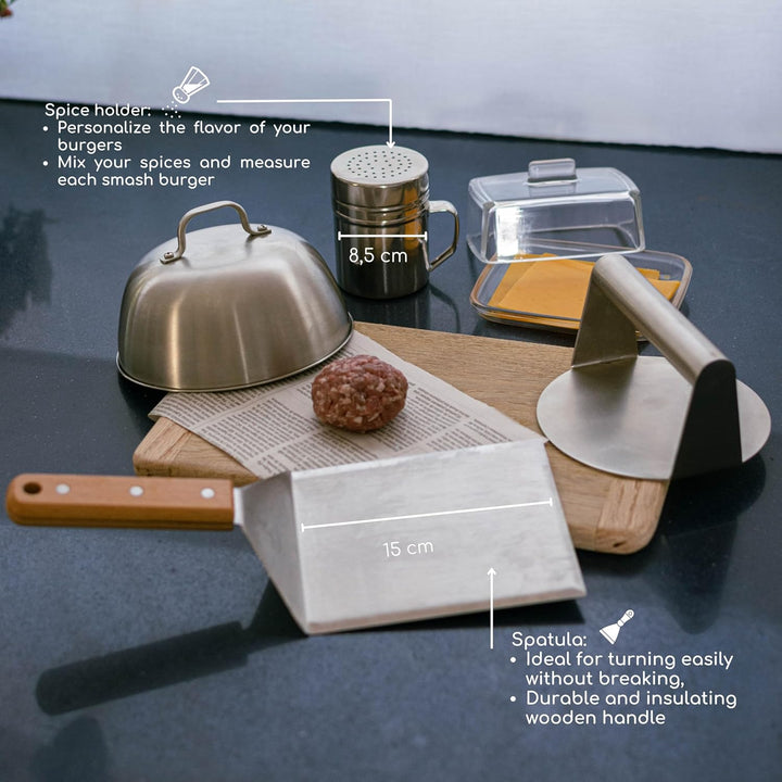 ADEGO Smash Burger Professionelles Set aus Edelstahl + QR mit Rezeptbuch - EU-zertifiziertes Produkt