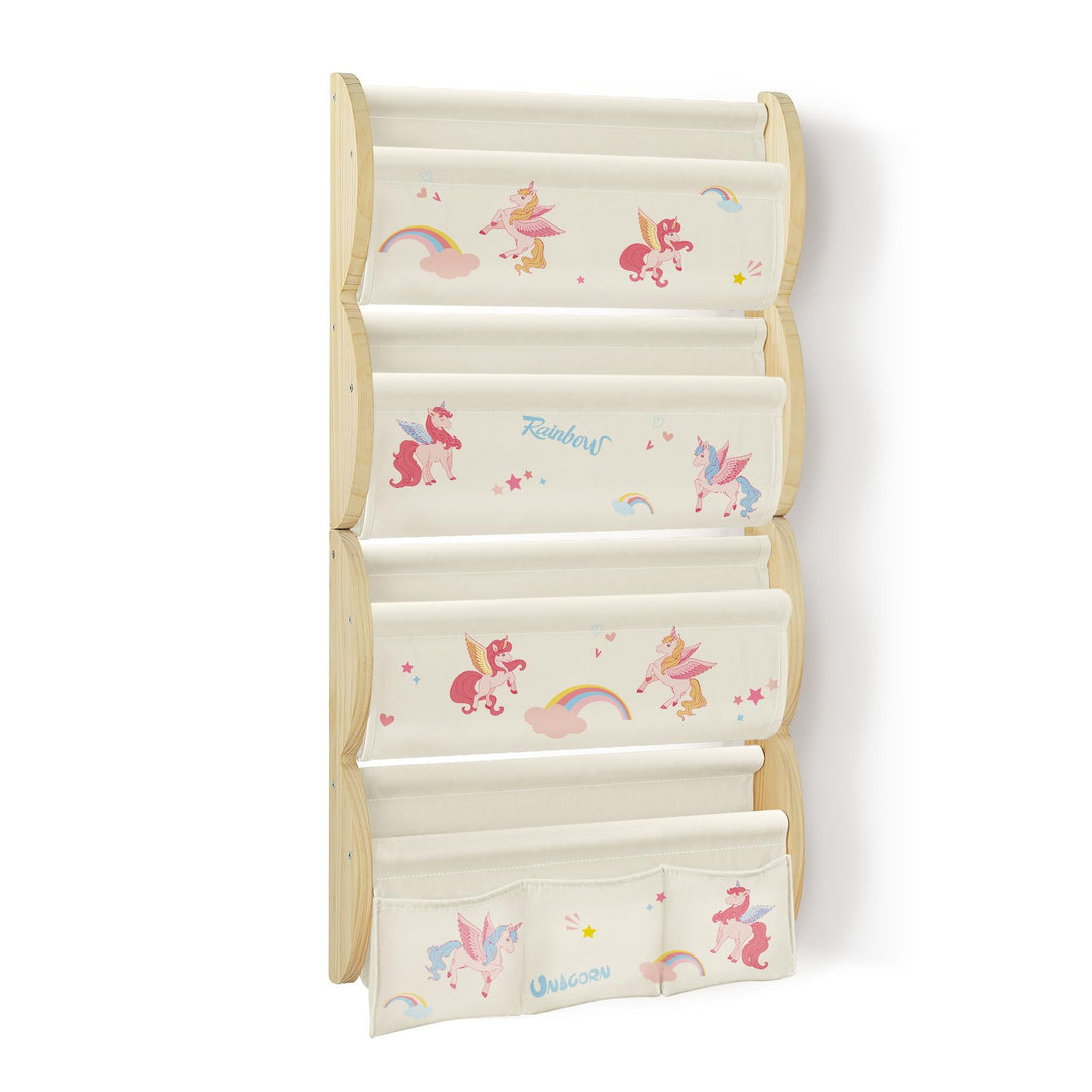 Bücherregal Kinder Wand Kinderbücherregal Montessori mit 4 Ablagen & 3 Taschen Kinderregal Wandregal