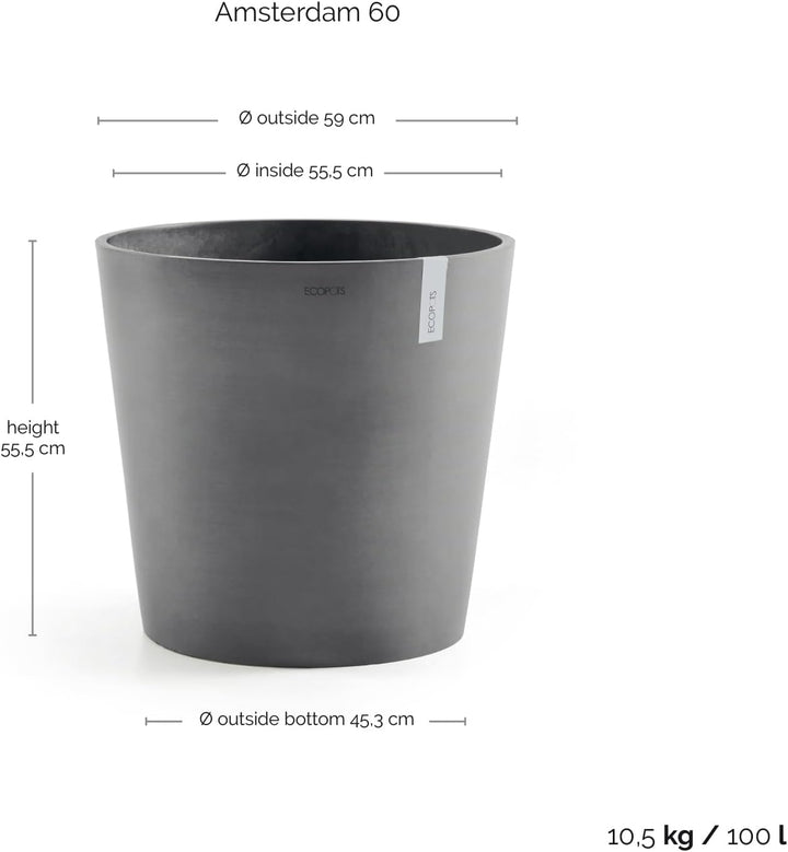 ECOPOTS Blumentopf Amsterdam Hell Grau - Durchmesser Ø 60 cm rund gross - Pflanzentopf aus Recycling