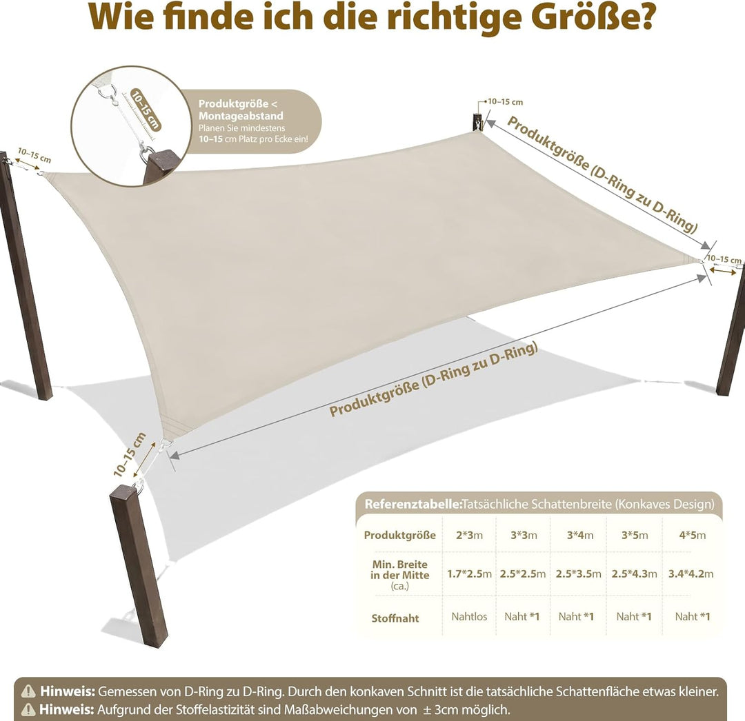 Sekey Sonnensegel Wasserdicht 2x3m Rechteckig – ohne Mittelnaht, hochdichtes PES 160g/m², mit Edelst