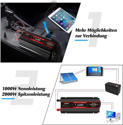 Seamuing 2000W Wechselrichter DC 12V auf AC 240V Spannungswandler 1 AC Steckdose & 2 USB Port Stromw